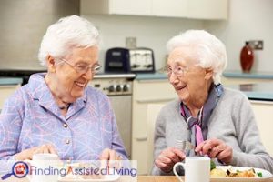 Elderly women talking at dinner